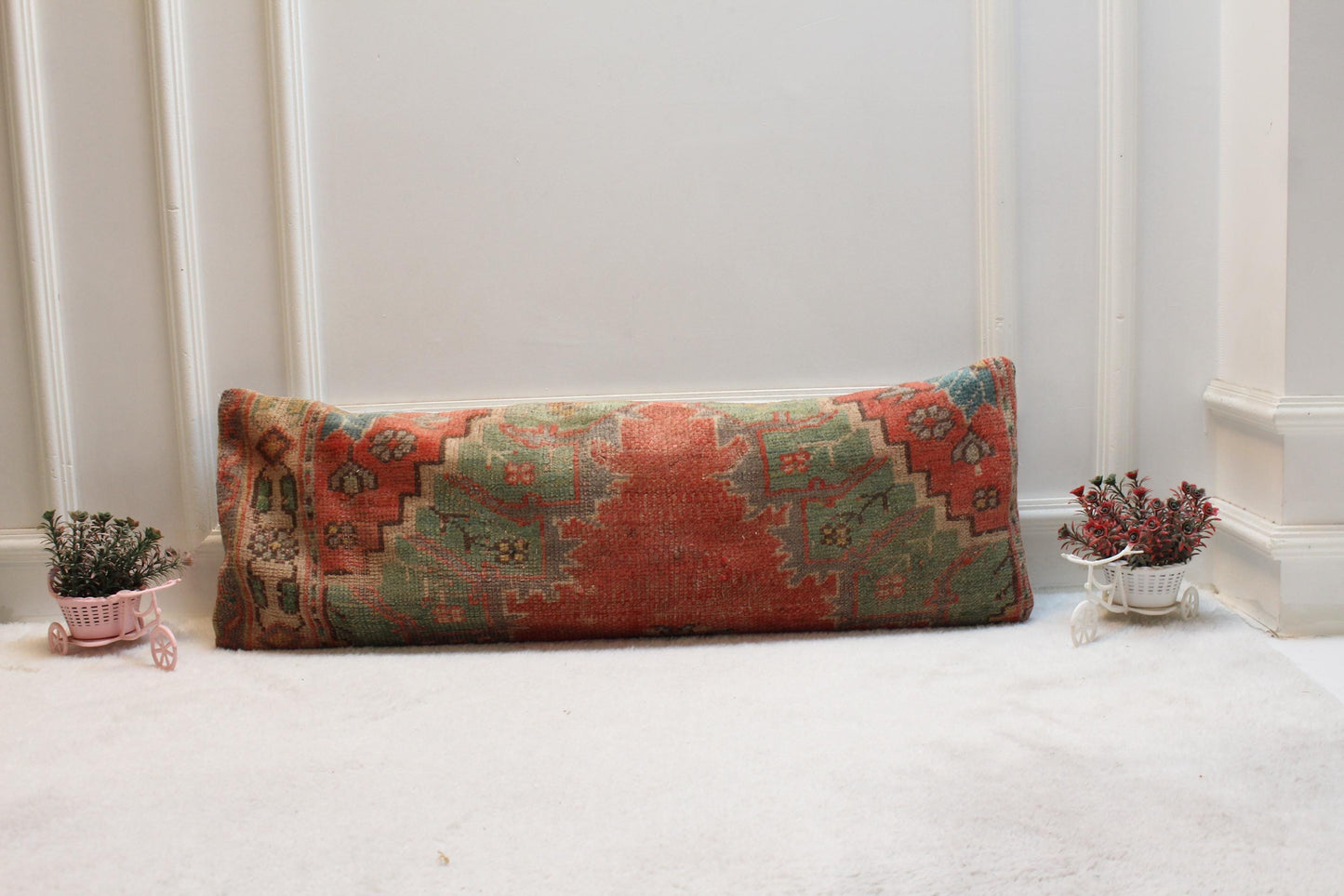 Red Turkish Rug Lumbar Pillow Cover: Vintage Home Design (12x36 in)