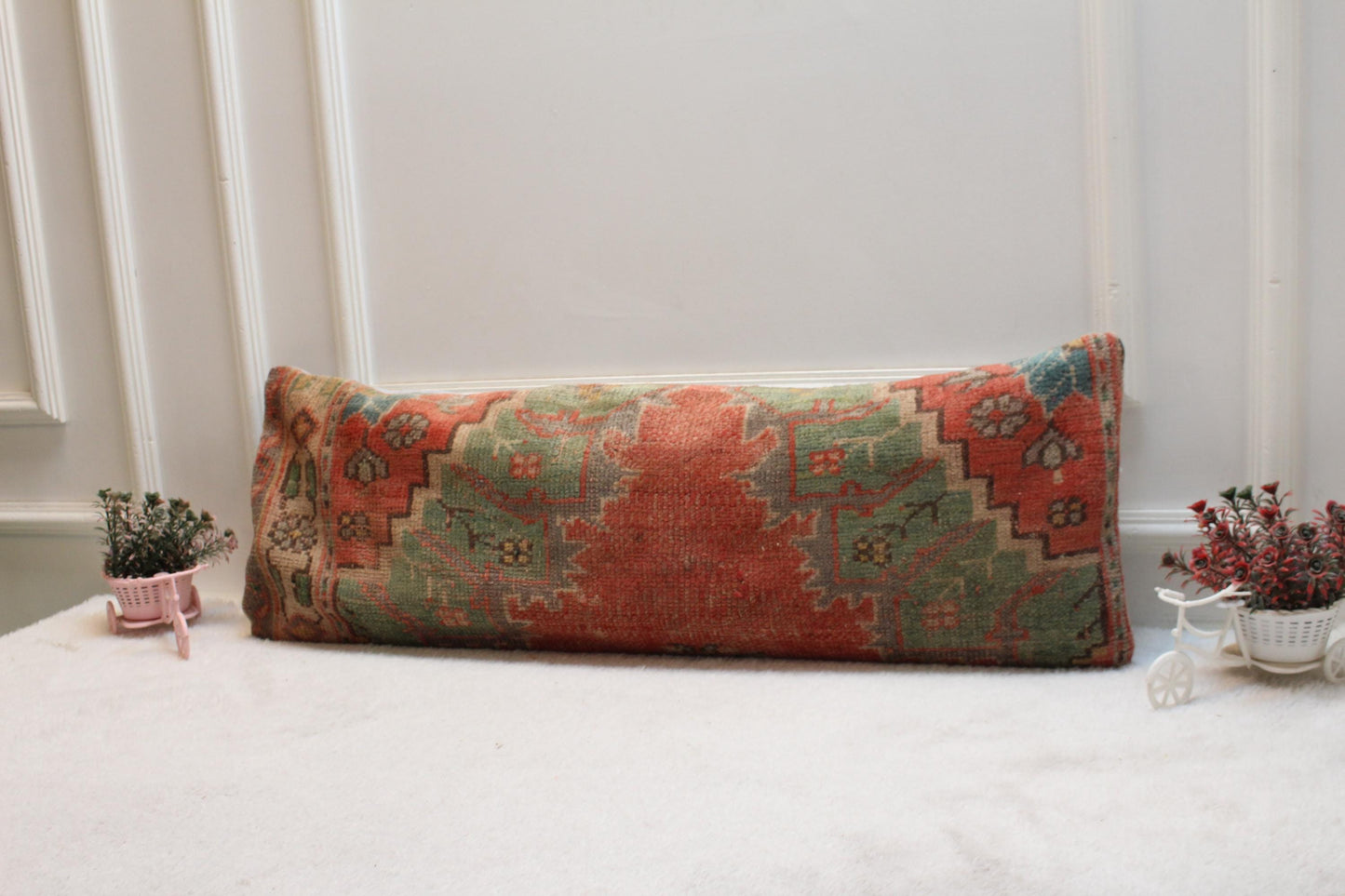 Red Turkish Rug Lumbar Pillow Cover: Vintage Home Design (12x36 in)