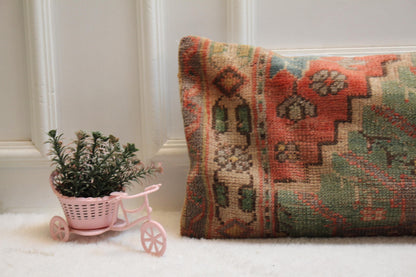 Red Turkish Rug Lumbar Pillow Cover: Vintage Home Design (12x36 in)