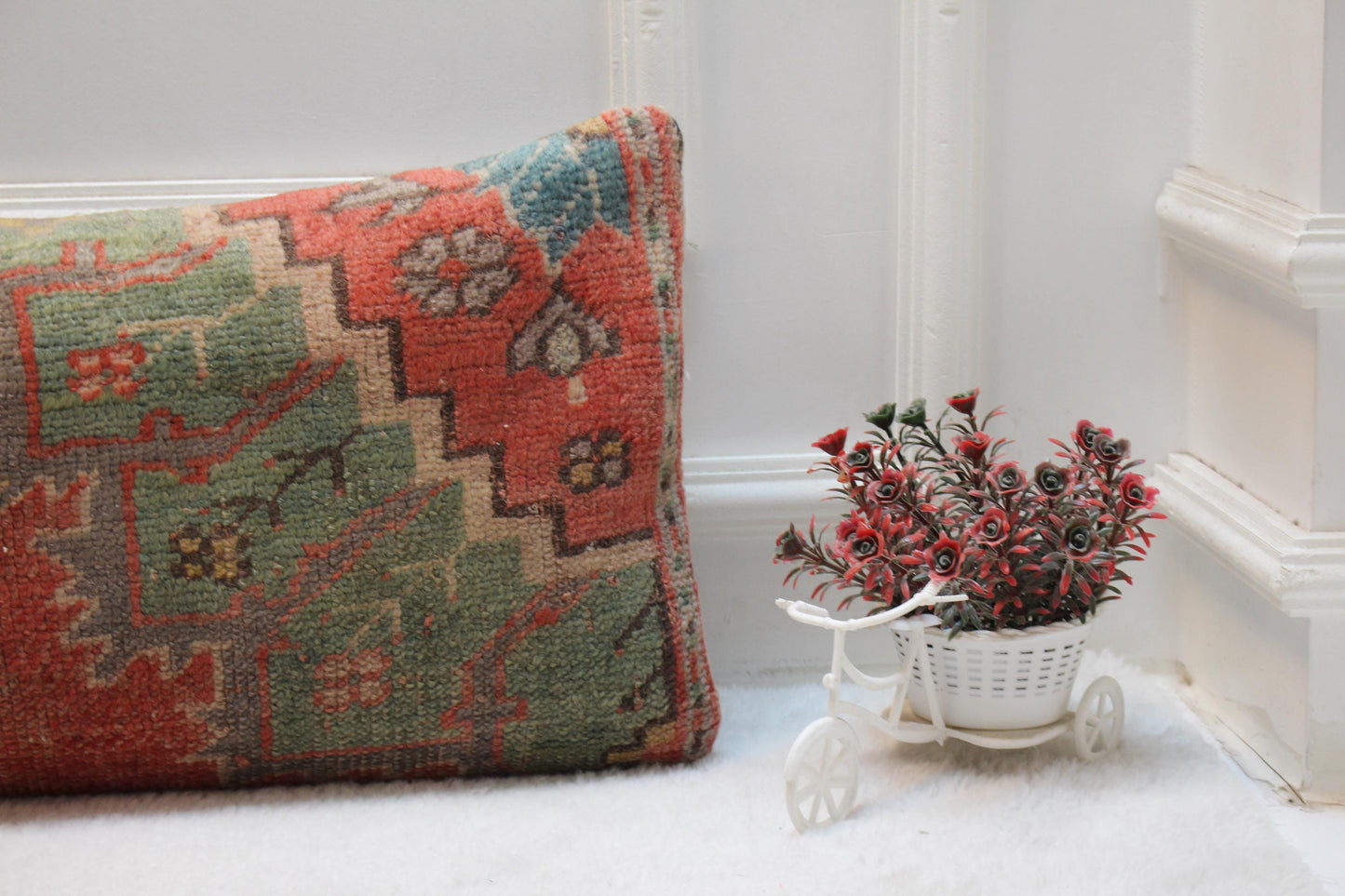 Red Turkish Rug Lumbar Pillow Cover: Vintage Home Design (12x36 in)