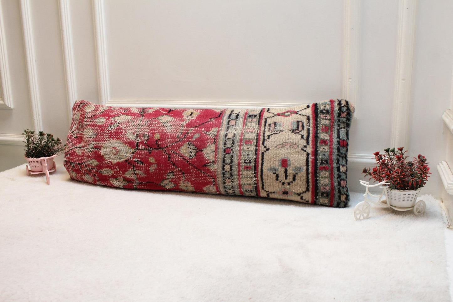 Vintage Turkish Rug Lumbar Pillow Cover: Red Beige Wool, 12x36 inch