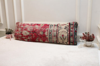Vintage Turkish Rug Lumbar Pillow Cover: Red Beige Wool, 12x36 inch