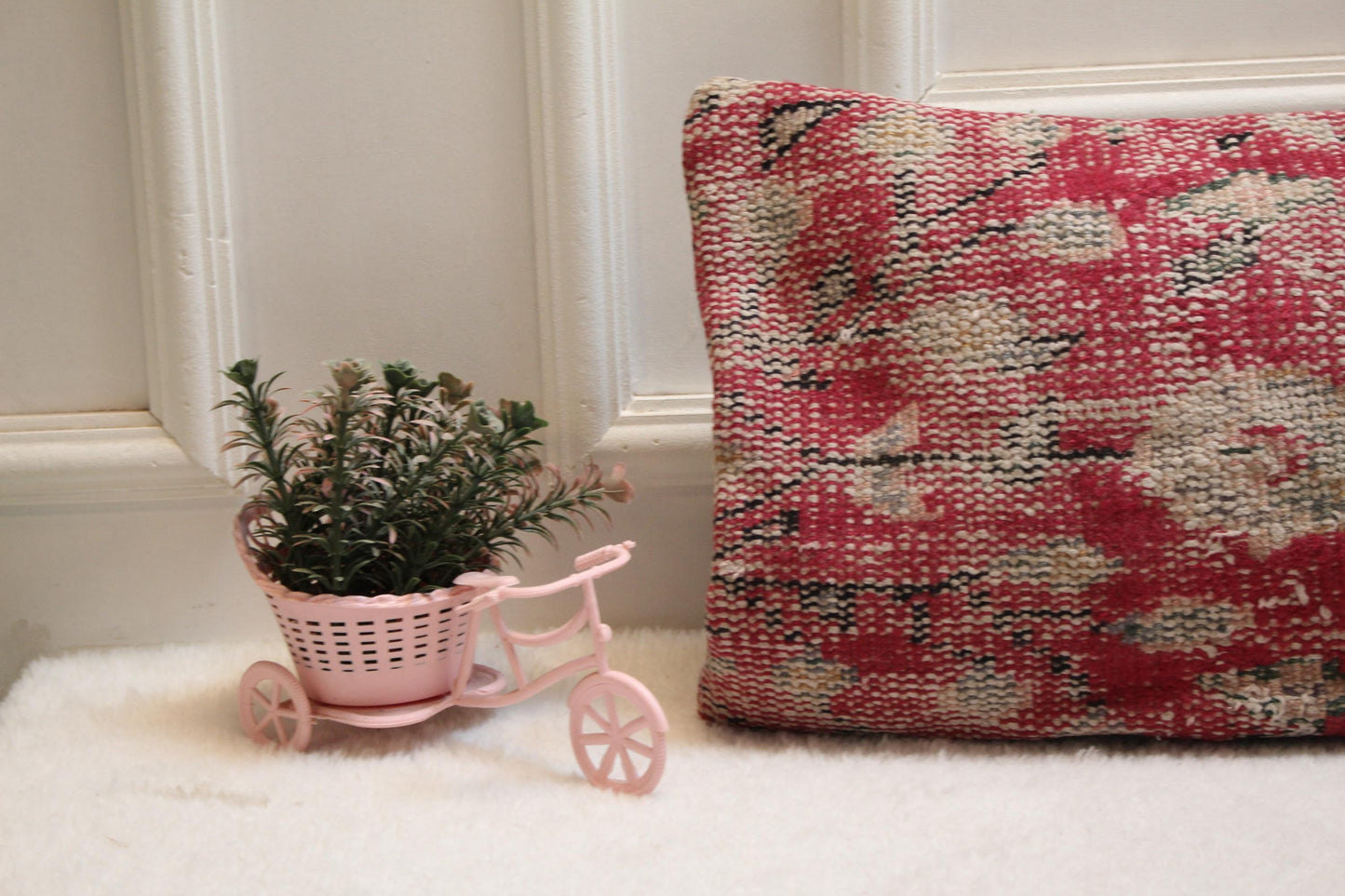 Vintage Turkish Rug Lumbar Pillow Cover: Red Beige Wool, 12x36 inch