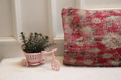 Vintage Turkish Rug Lumbar Pillow Cover: Red Beige Wool, 12x36 inch