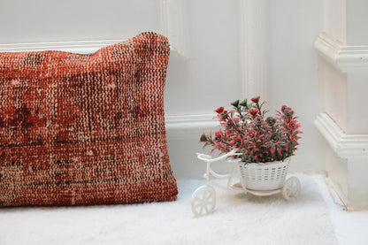 Red Vintage Turkish Rug Lumbar Pillow Cover: Handmade Wool (12x36 in)