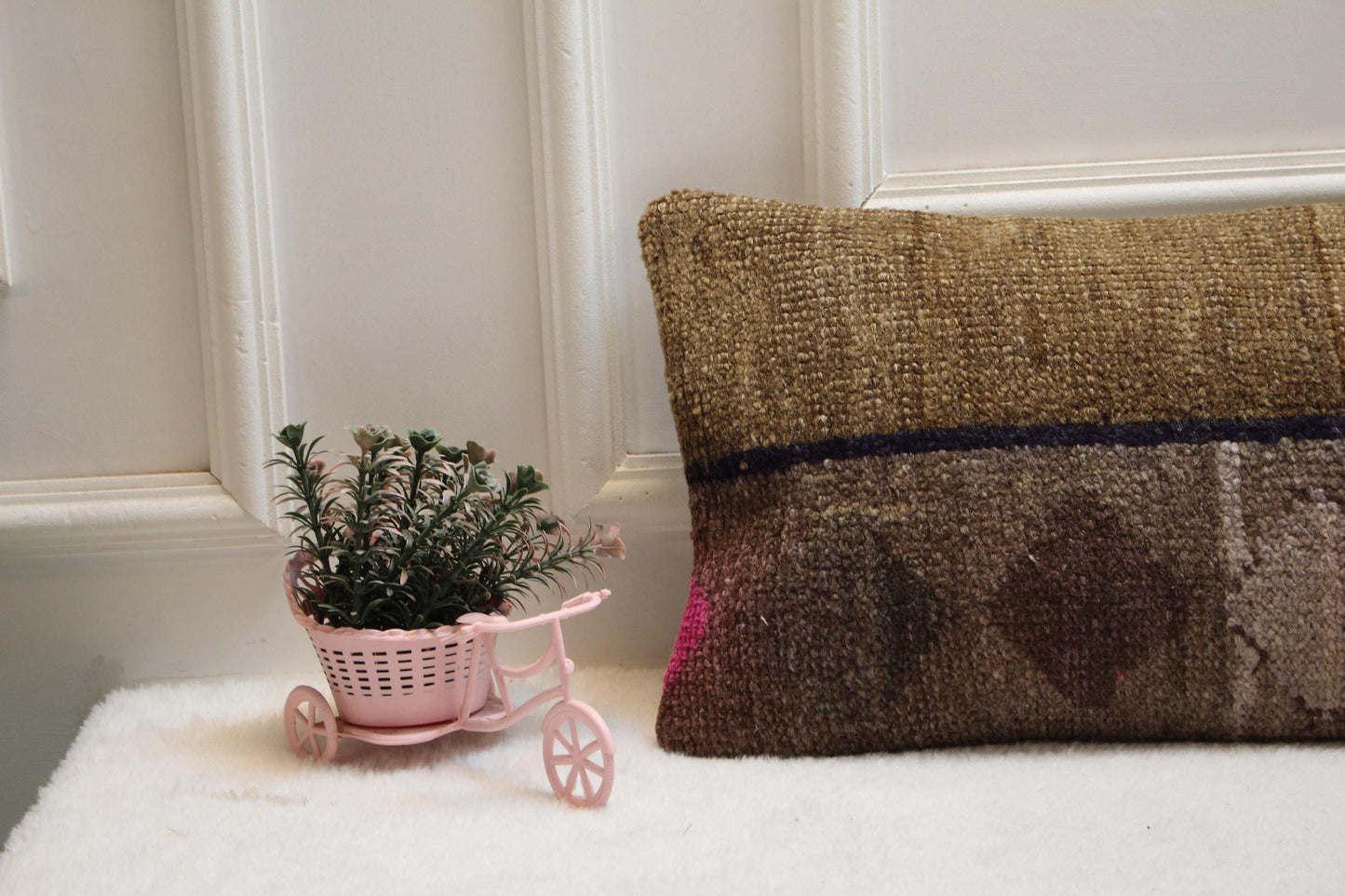 Handmade Turkish Rug Lumbar Pillow Cover: Brown, Pink & Blue (12x36 in)