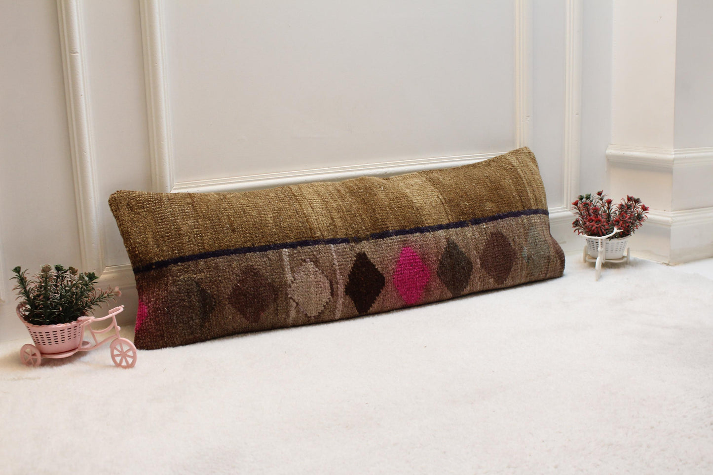 Handmade Turkish Rug Lumbar Pillow Cover: Brown, Pink & Blue (12x36 in)