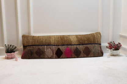 Handmade Turkish Rug Lumbar Pillow Cover: Brown, Pink & Blue (12x36 in)