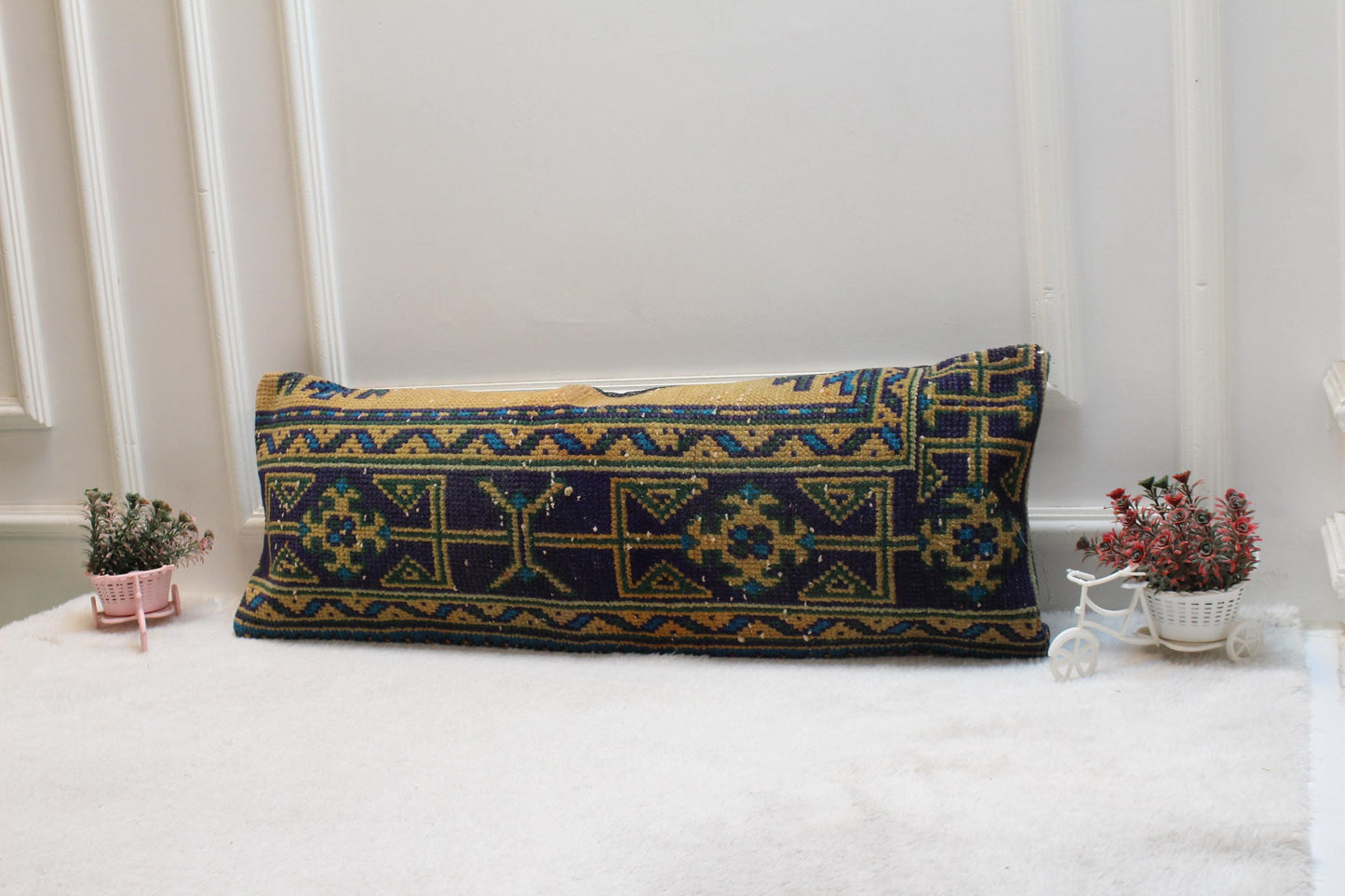 Vintage Turkish Rug Lumbar Pillow Cover: 12x36 inc, Orange Green