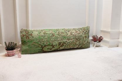Green Vintage Turkish Rug Lumbar Pillow Cover 12x36
