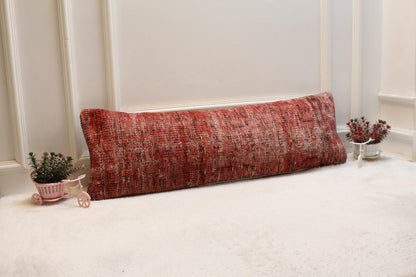 Red Turkish Rug Pillow Cover: Vintage Woven Lumbar Pillow (12x36 in)