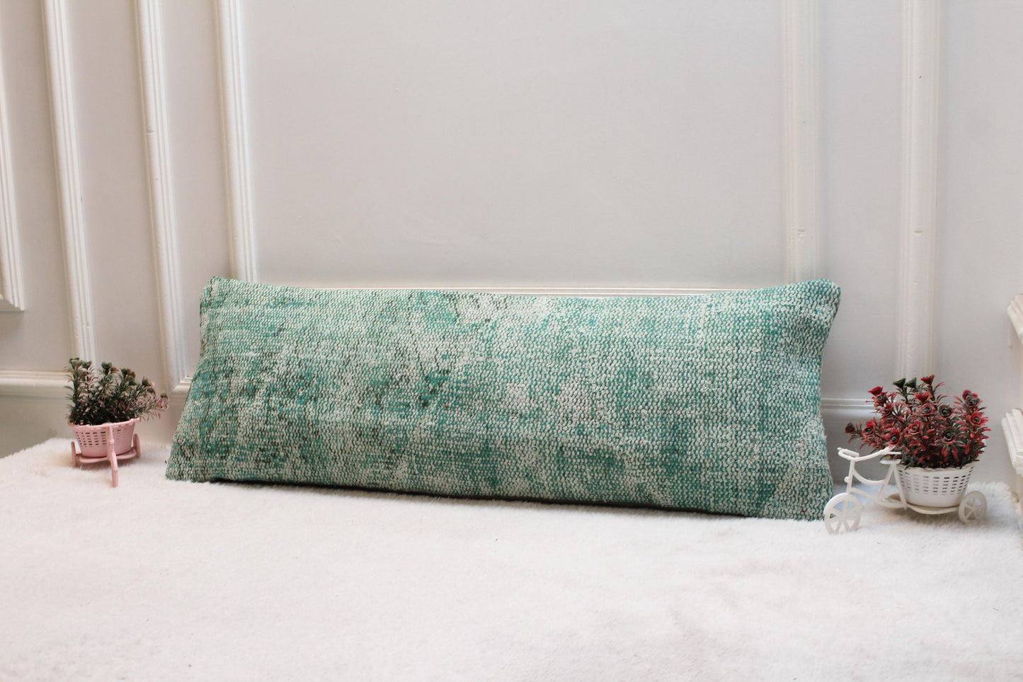 Green Vintage Turkish Rug Lumbar Pillow Cover: 12x36 inch Kilim Pillow