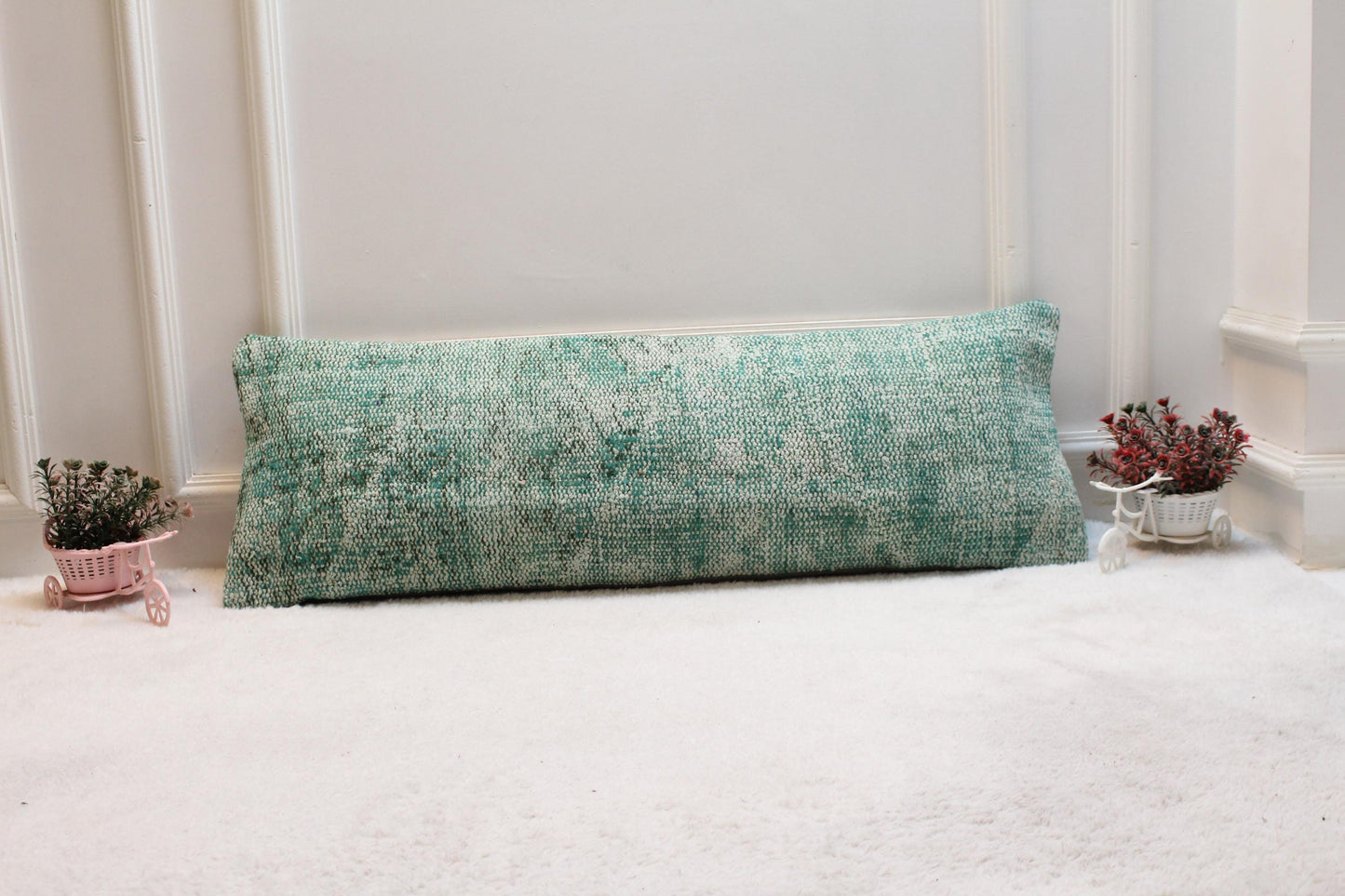Green Vintage Turkish Rug Lumbar Pillow Cover: 12x36 inch Kilim Pillow