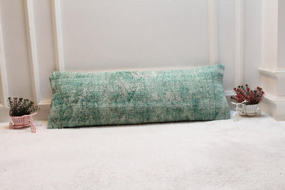 Green Vintage Turkish Rug Lumbar Pillow Cover: 12x36 inch Kilim Pillow