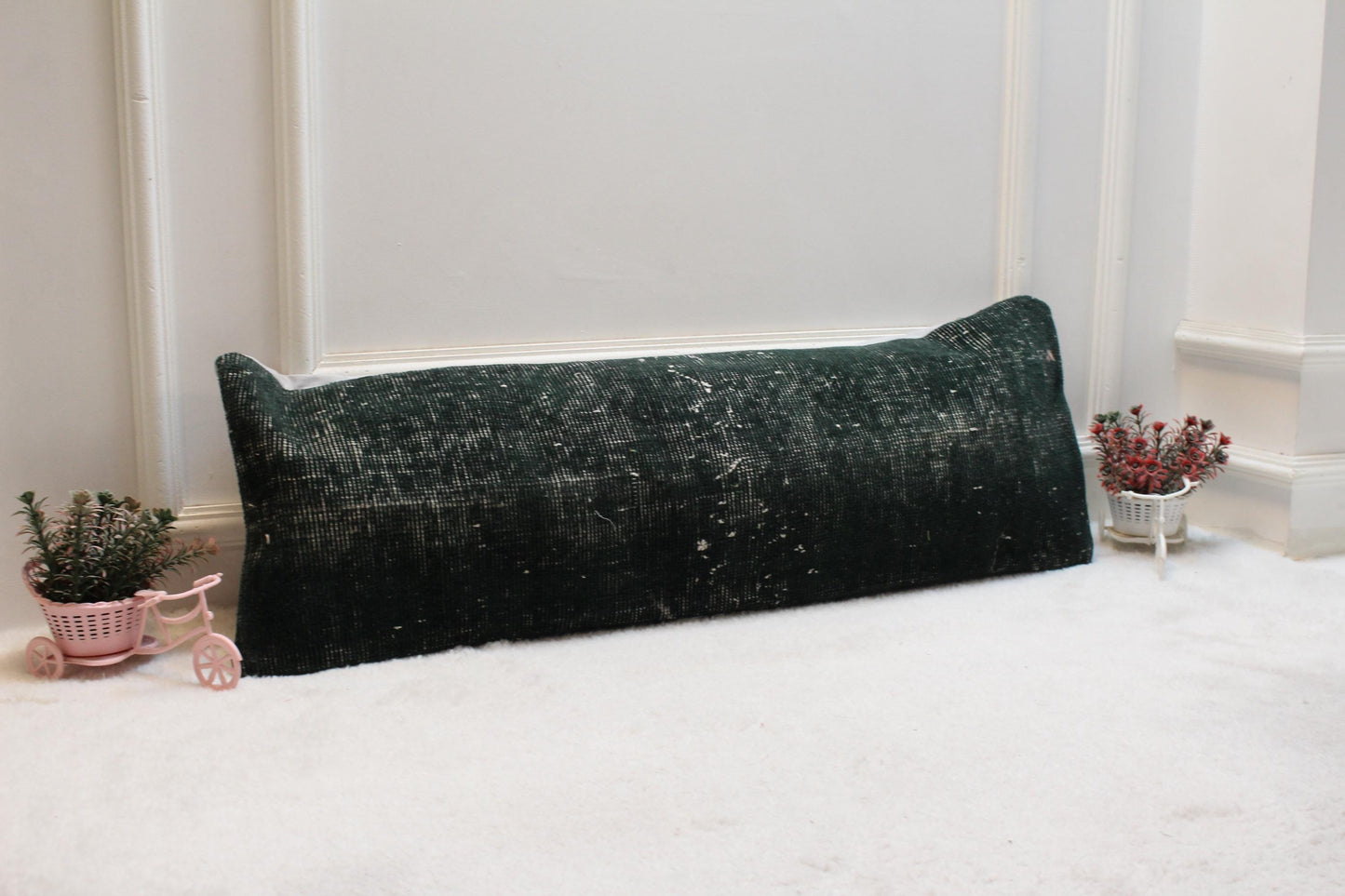Green Vintage Turkish Rug Lumbar Pillow Cover, Organic Wool 12x36