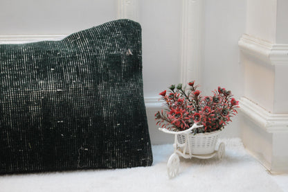 Green Vintage Turkish Rug Lumbar Pillow Cover, Organic Wool 12x36