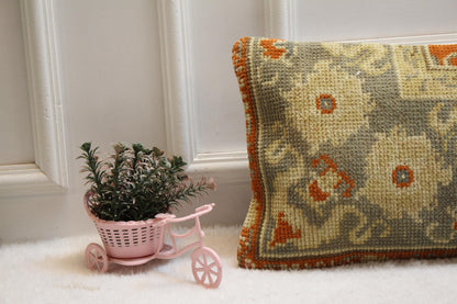 Vintage Turkish Rug Lumbar Pillow Cover: Rainbow Woven Wool, 12x36 inc