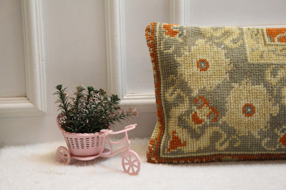 Handmade Turkish Rug Lumbar Pillow Cover: Floral Boho Decor (12x36 in)
