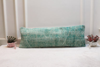 Green Vintage Turkish Rug Lumbar Pillow Cover: Handmade Wool, 12x36 inch