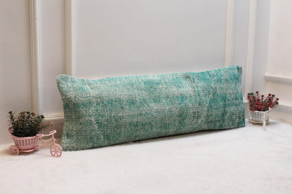 Green Vintage Turkish Rug Lumbar Pillow Cover: Handmade Wool, 12x36 inch