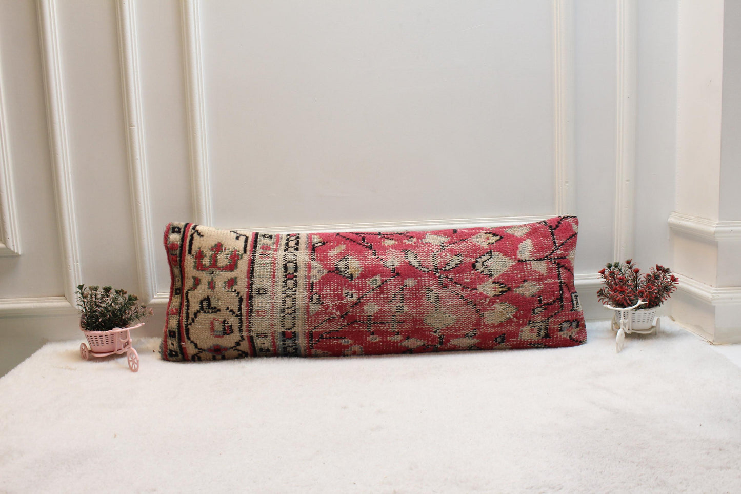 Red Vintage Turkish Rug Lumbar Pillow Cover: 12x36 inch Wool Kilim Pillow
