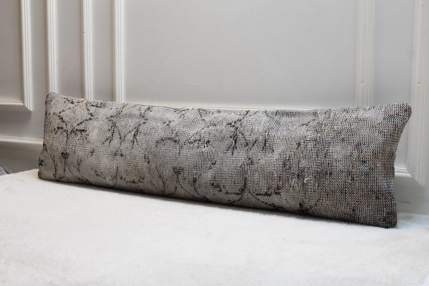 Vintage Kilim Lumbar Pillow Cover 30x120, Gray Turkish Rug
