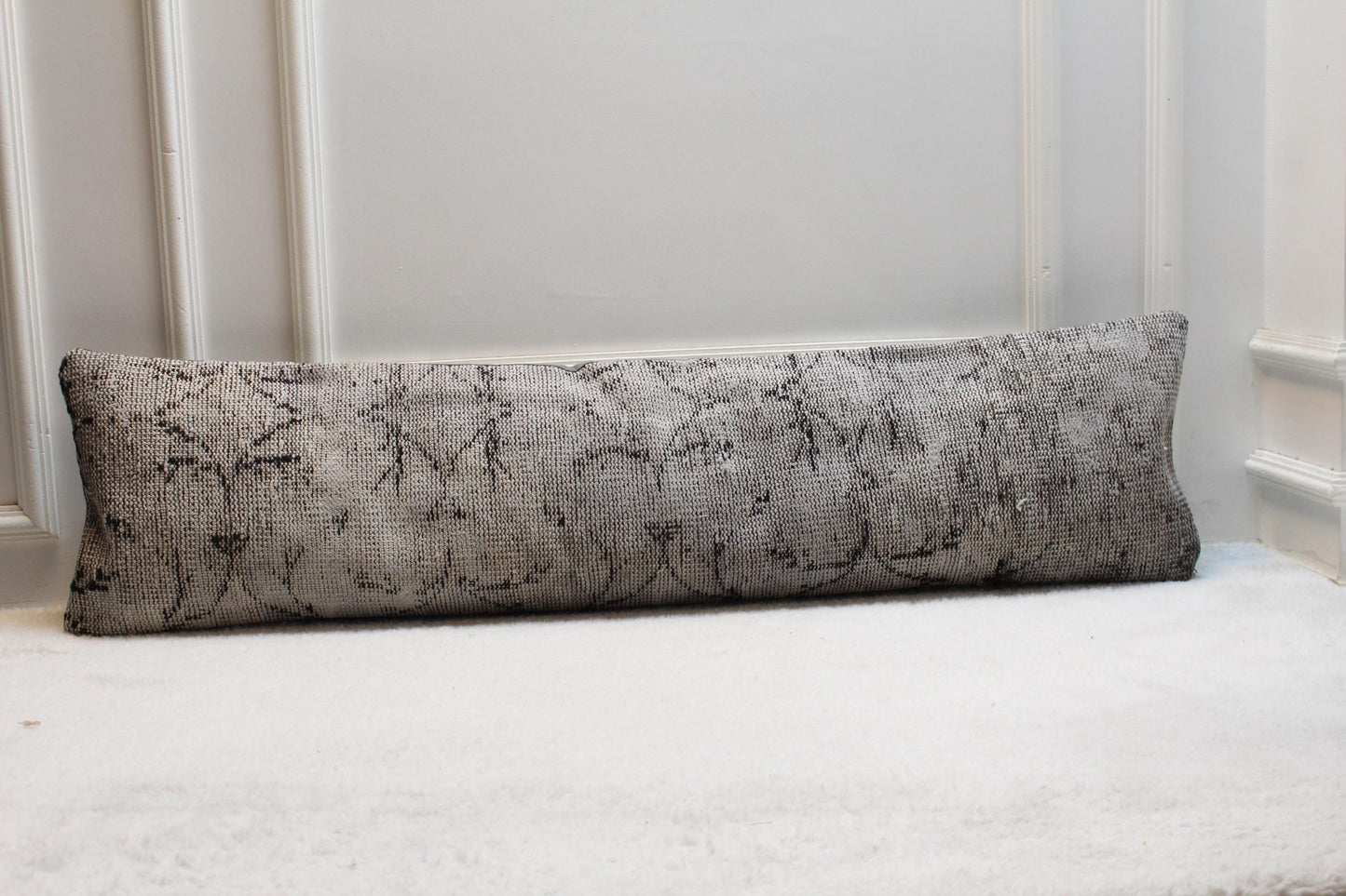 Vintage Kilim Lumbar Pillow Cover 30x120, Gray Turkish Rug