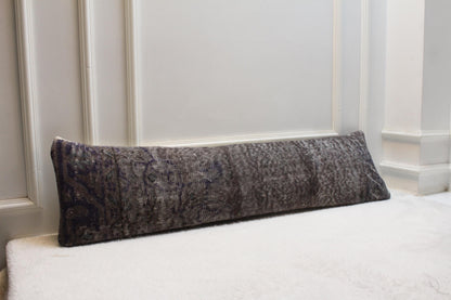 Vintage Turkish Kilim Lumbar Pillow | Earthy Gray Rug Fabric, 12x48