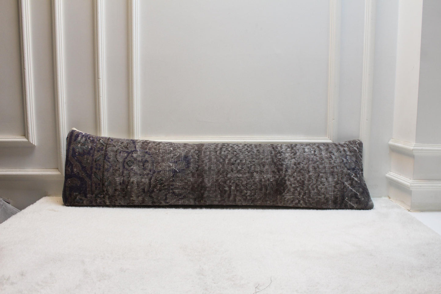 Vintage Turkish Kilim Lumbar Pillow | Earthy Gray Rug Fabric, 12x48