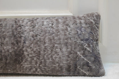Vintage Turkish Kilim Lumbar Pillow | Earthy Gray Rug Fabric, 12x48
