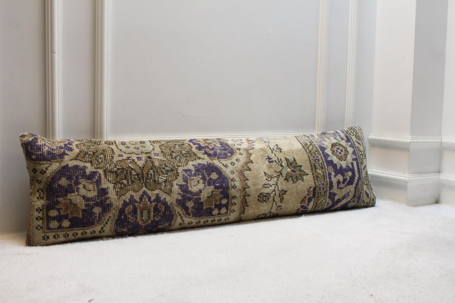 Handwoven Turkish Kilim Pillow Cover – Purple Beige Lumbar, Boho Decor