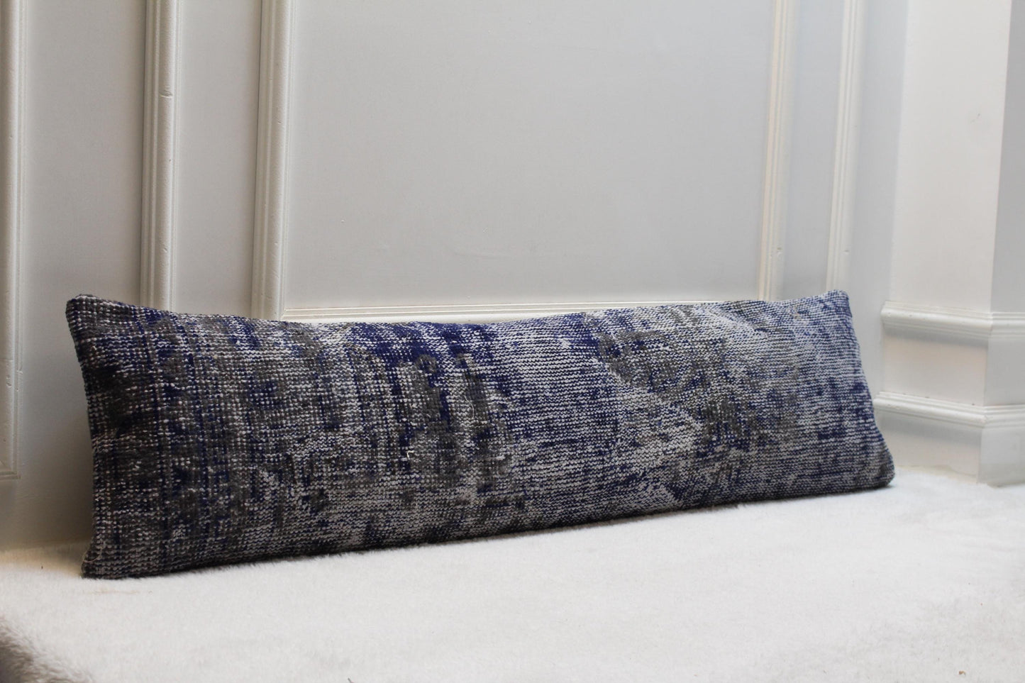 Blue Kilim Bench Pillow Cover 30x120 inch – Handwoven Turkish Rug Lumbar