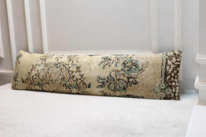 Turkish Rug Lumbar Pillow | Beige Floral Kilim, 30x120 in