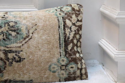 Turkish Rug Lumbar Pillow | Beige Floral Kilim, 30x120 in