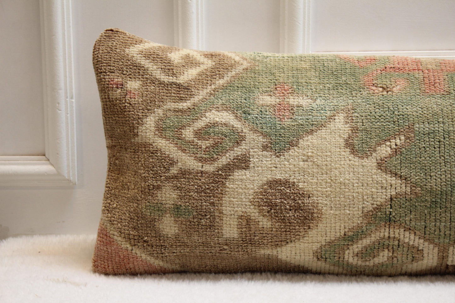 Handwoven Turkish Kilim Bench Pillow | Moss Green Boho Decor (30x120 in)
