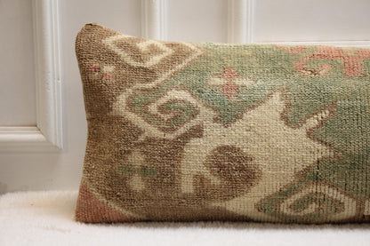 Handwoven Turkish Kilim Bench Pillow | Moss Green Boho Decor (30x120 in)