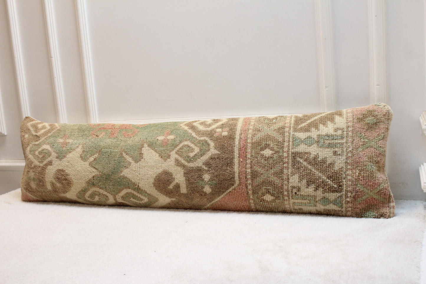 Handwoven Turkish Kilim Bench Pillow | Moss Green Boho Decor (30x120 in)