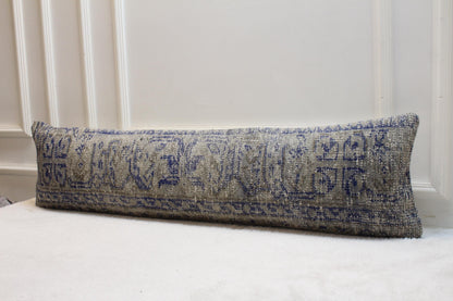 Turkish Lumbar Kilim Pillow Cover (30x120 in) | Skywashed Gray, Deep Blue Border
