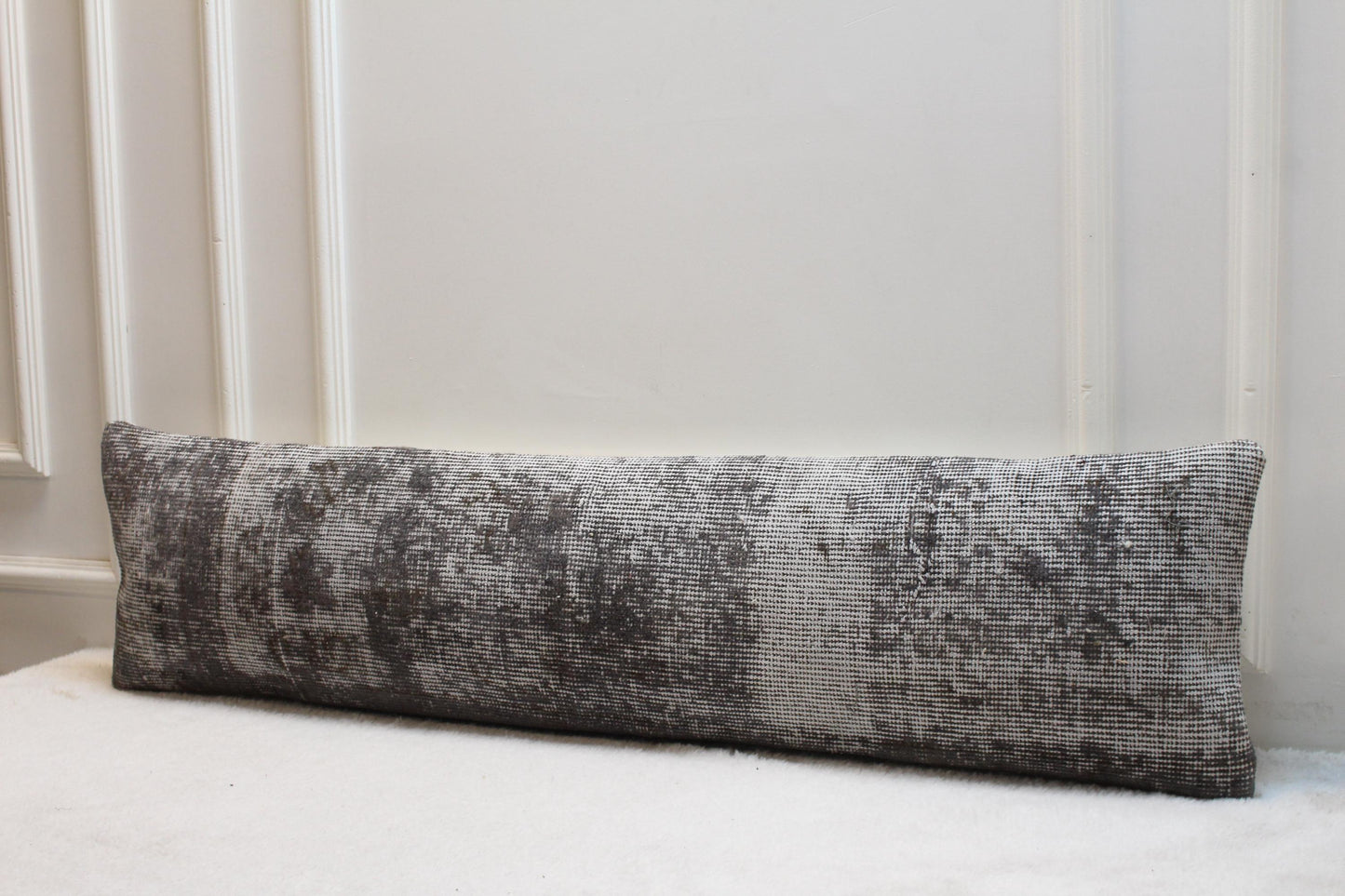 Handmade Turkish Kilim Lumbar Pillow | Charcoal & White Vintage Rug