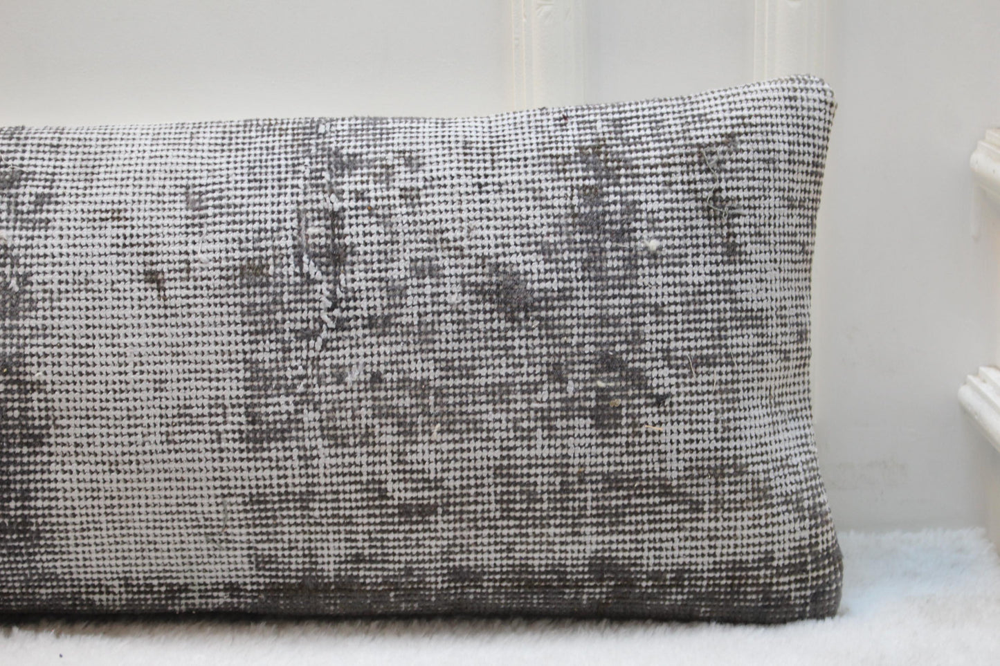 Handmade Turkish Kilim Lumbar Pillow | Charcoal & White Vintage Rug