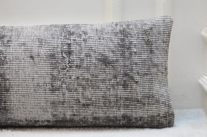 Handmade Turkish Kilim Lumbar Pillow | Charcoal & White Vintage Rug