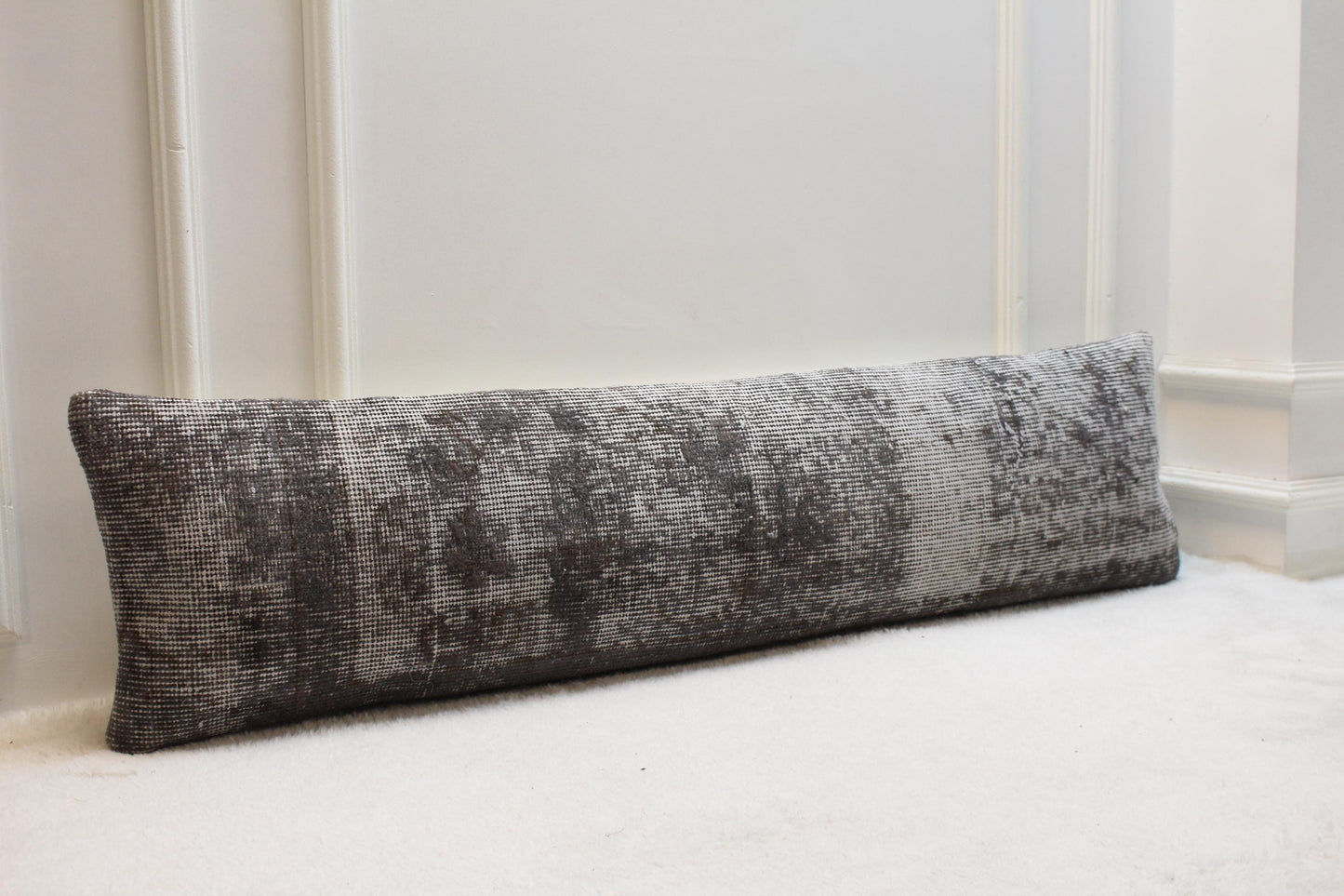 Handmade Turkish Kilim Lumbar Pillow | Charcoal & White Vintage Rug