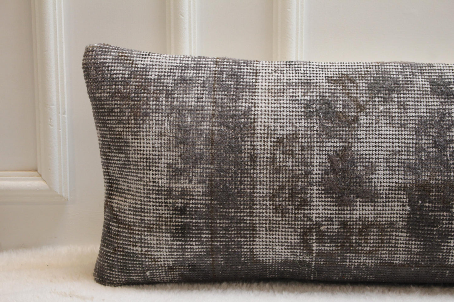 Handmade Turkish Kilim Lumbar Pillow | Charcoal & White Vintage Rug