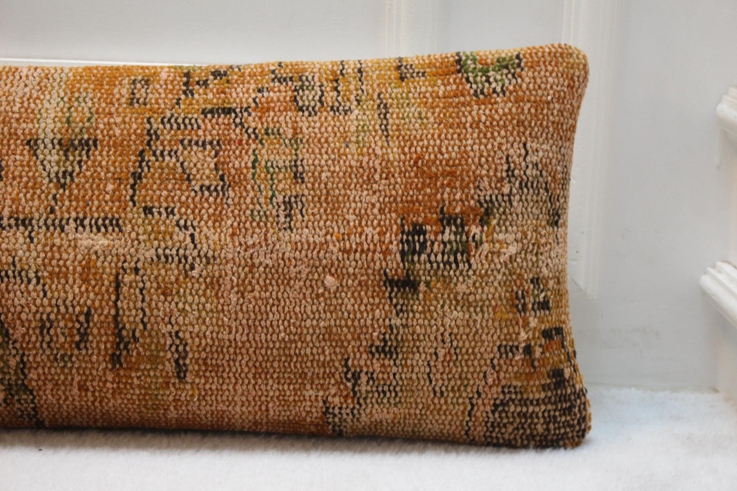 Rustic Turkish Kilim Lumbar Pillow | Amber & Beige, 30x120 cm