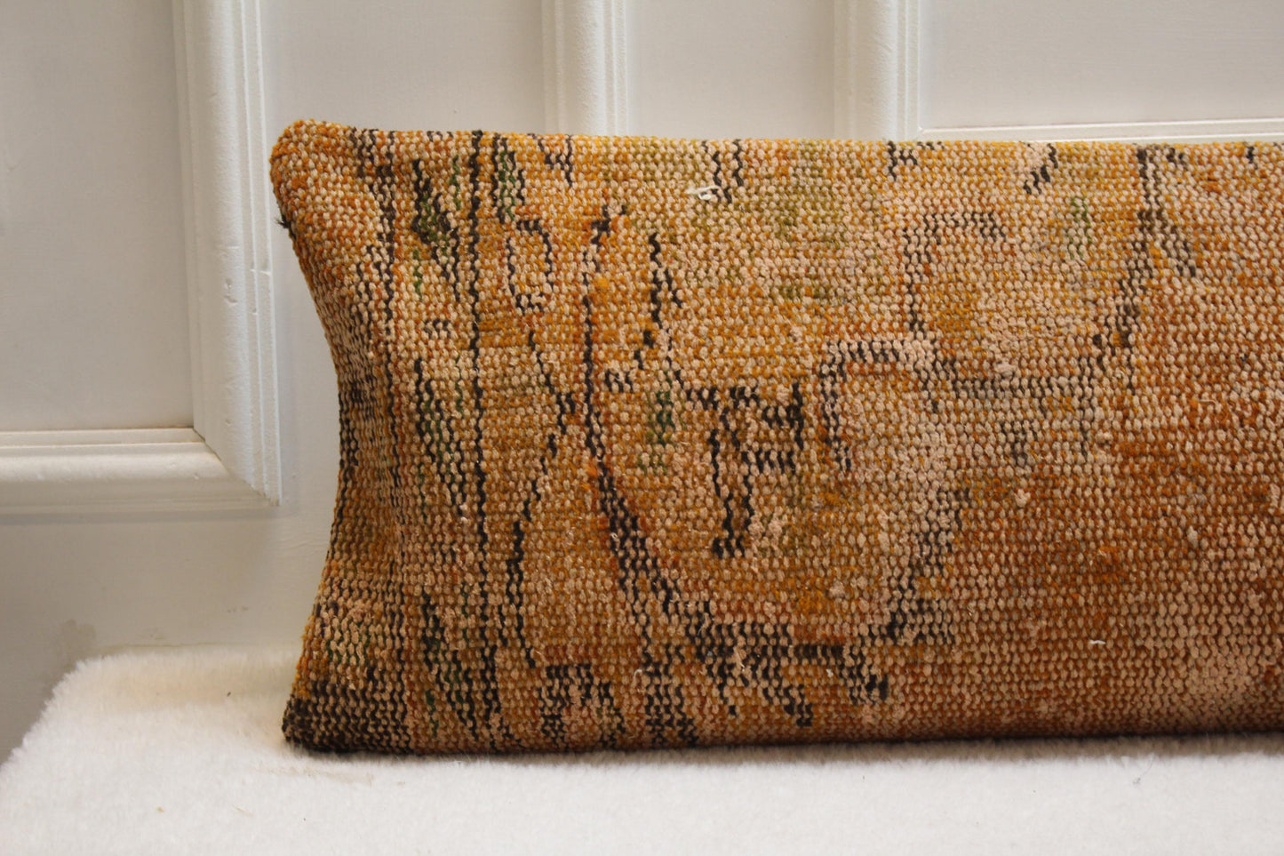 Rustic Turkish Kilim Lumbar Pillow | Amber & Beige, 30x120 cm