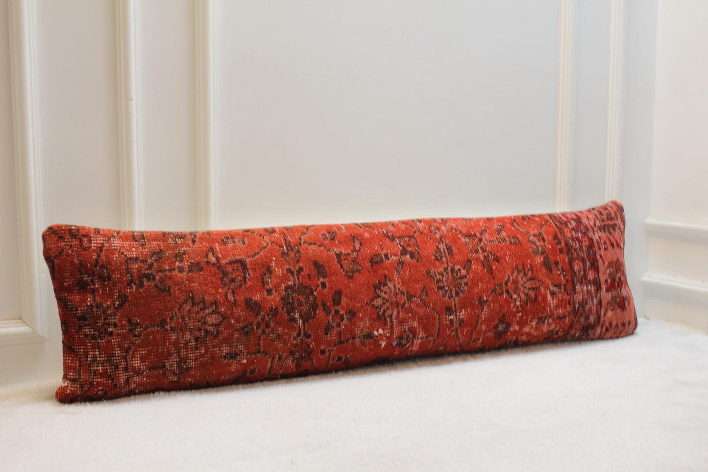 Handwoven Kilim Lumbar Pillow | Red Floral Turkish Cushion (30x120”