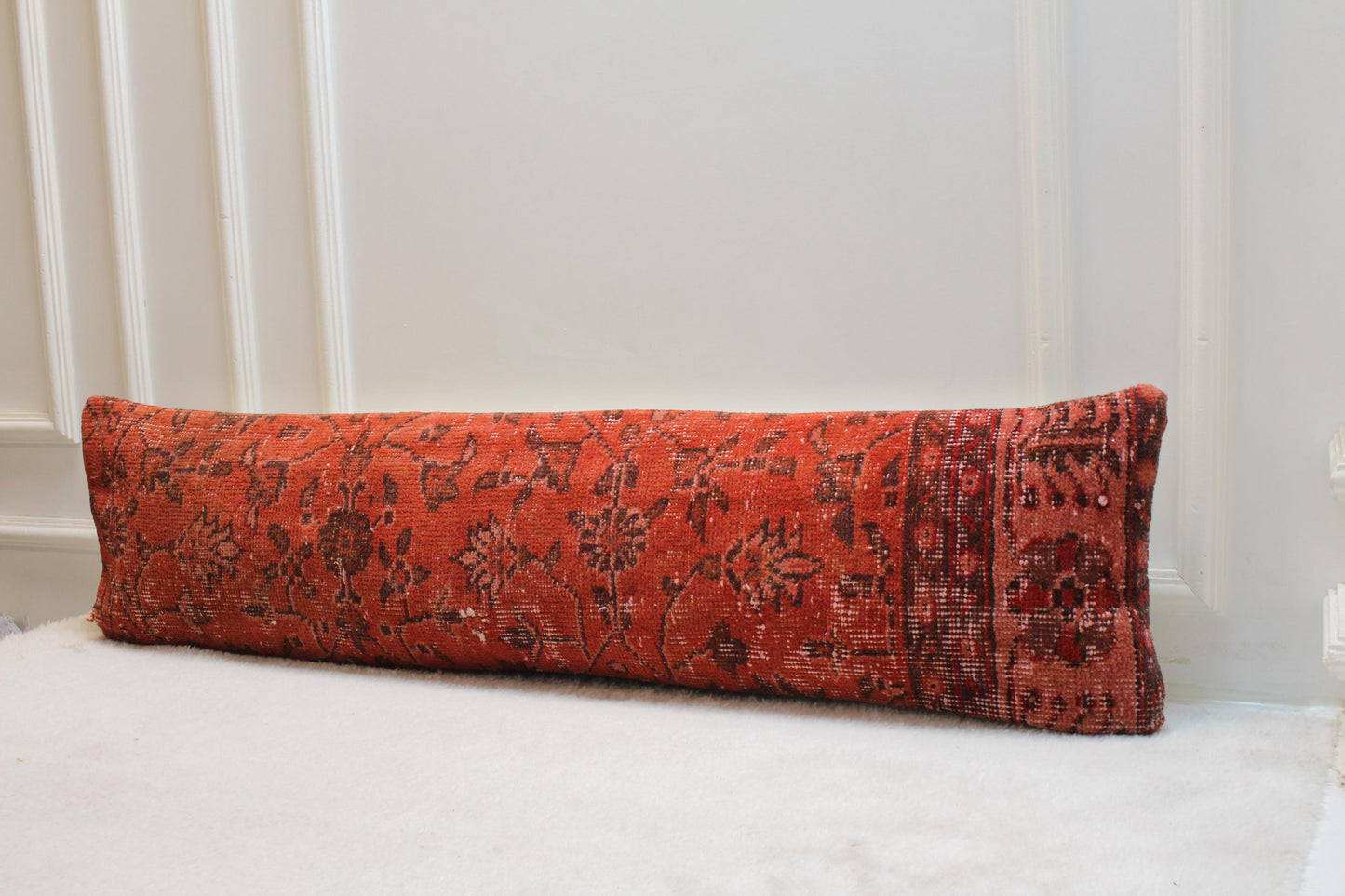 Handwoven Kilim Lumbar Pillow | Red Floral Turkish Cushion (30x120”