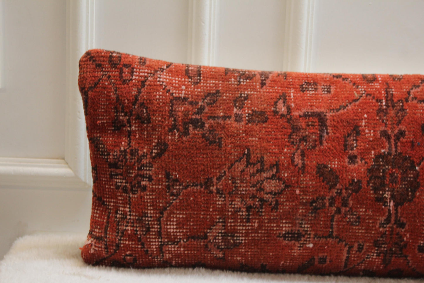 Handwoven Kilim Lumbar Pillow | Red Floral Turkish Cushion (30x120”