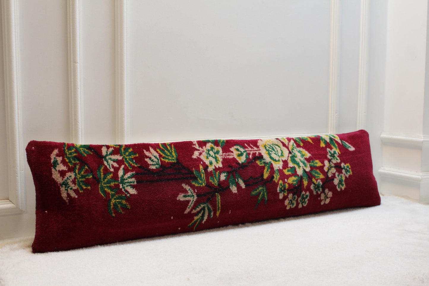Handwoven Turkish Kilim Lumbar Pillow – Colorful Wool Cushion with Floral & Botanical Motifs (30x120”)