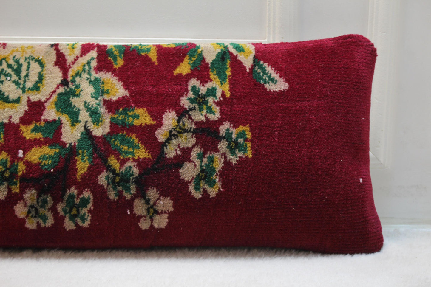 Handwoven Turkish Kilim Lumbar Pillow – Colorful Wool Cushion with Floral & Botanical Motifs (30x120”)